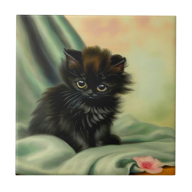 Vintage Black Kitten Illustration Tile (Front)