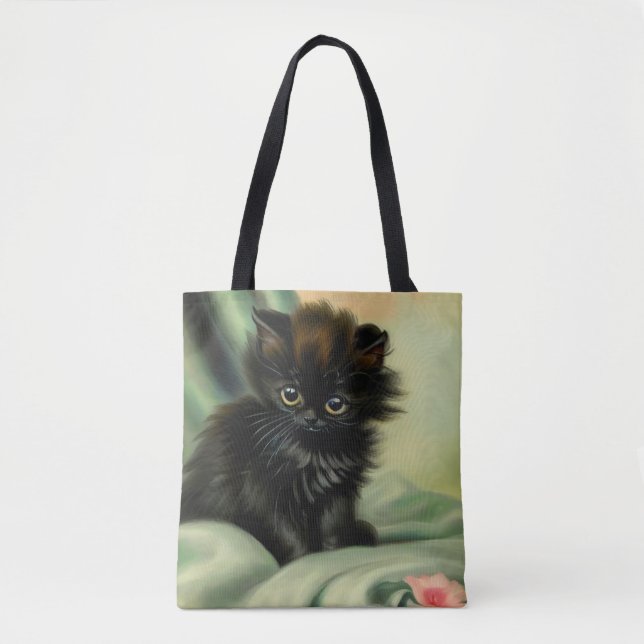 Vintage Black Kitten Illustration Tote Bag (Front)