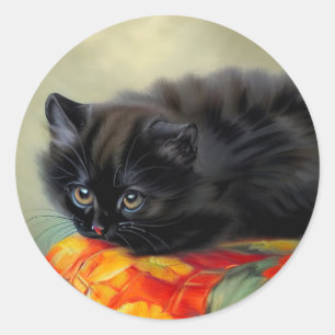 Vintage Black Kitten with Red Flower Blanket Classic Round Sticker