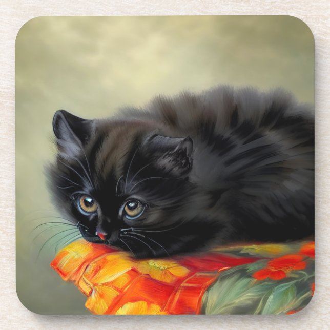 Vintage Black Kitten with Red Flower Blanket Coaster (Front)