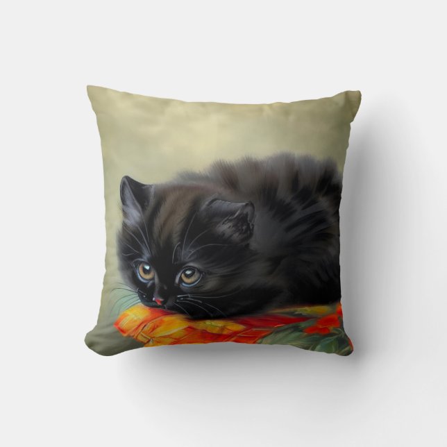 Vintage Black Kitten with Red Flower Blanket Cushion (Front)