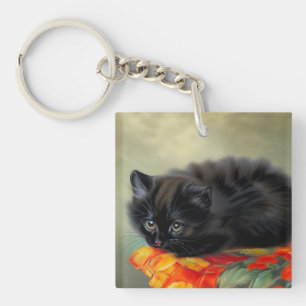 Vintage Black Kitten with Red Flower Blanket Key Ring