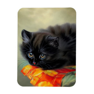 Vintage Black Kitten with Red Flower Blanket Magnet