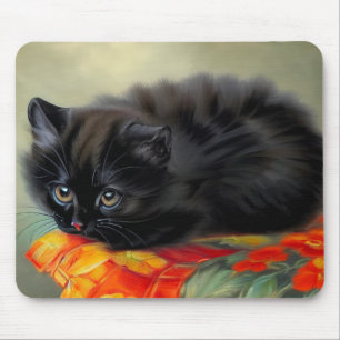 Vintage Black Kitten with Red Flower Blanket Mouse Pad
