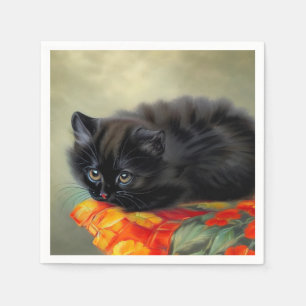 Vintage Black Kitten with Red Flower Blanket Napkin