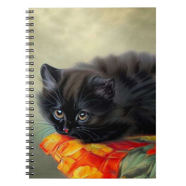 Vintage Black Kitten with Red Flower Blanket Notebook (Front)