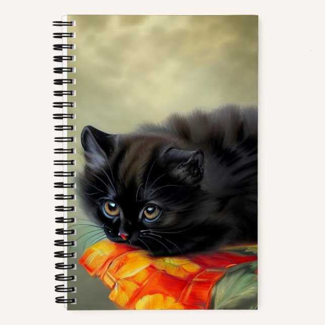 Vintage Black Kitten with Red Flower Blanket Notebook (Front)