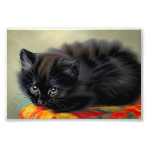 Vintage Black Kitten with Red Flower Blanket Photo Print