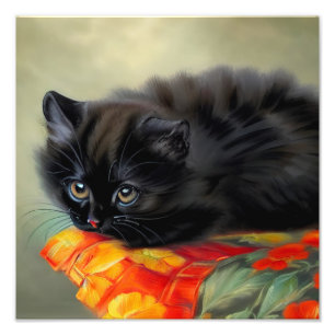 Vintage Black Kitten with Red Flower Blanket Photo Print