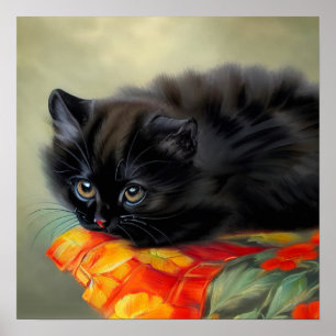 Vintage Black Kitten with Red Flower Blanket Poster