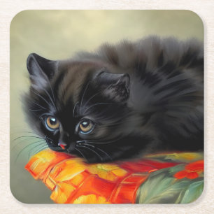 Vintage Black Kitten with Red Flower Blanket Square Paper Coaster