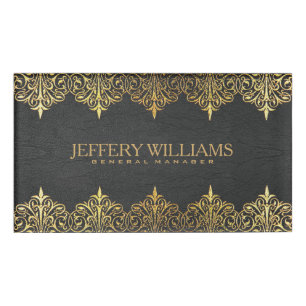 Vintage Black Leather Gold Swirls Frame Name Tag