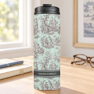 Vintage Black Mint French Toile de Jouy Pattern Thermal Tumbler