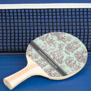Vintage black mint toile de jouy printed ping pong paddle