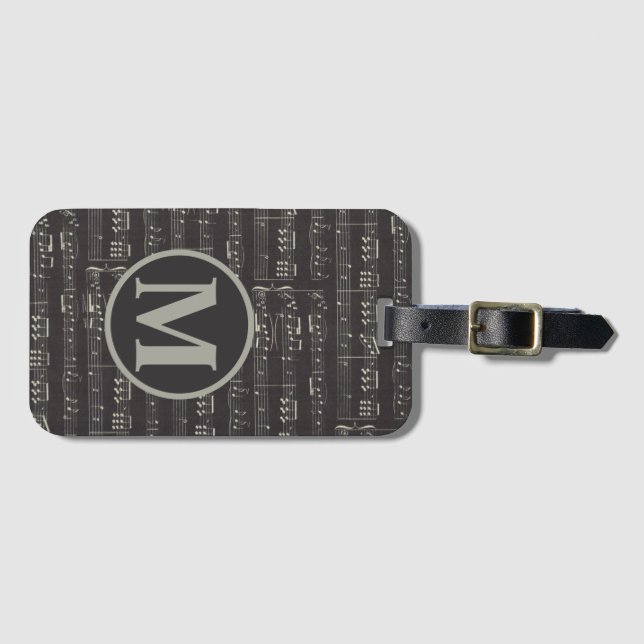 Vintage Black music note Pattern Monogram Luggage Tag (Front Horizontal)