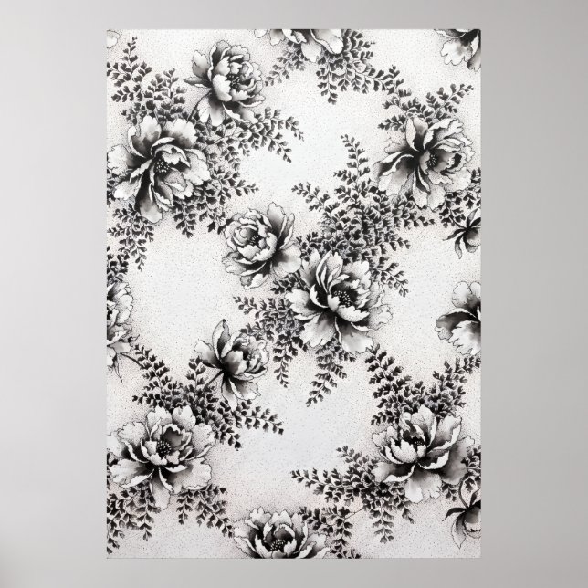 Vintage Black Peony Fern Botanical Repeat Poster (Front)