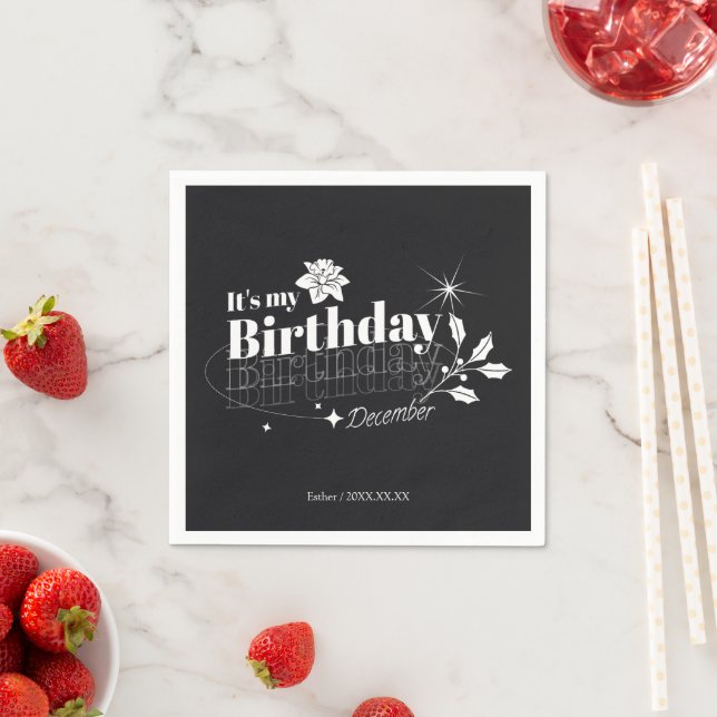 Vintage Black Personalized December Birthday Napkin (Insitu)