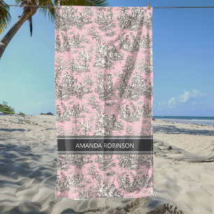 Vintage Black Pink French Toile de Jouy Scenic Beach Towel