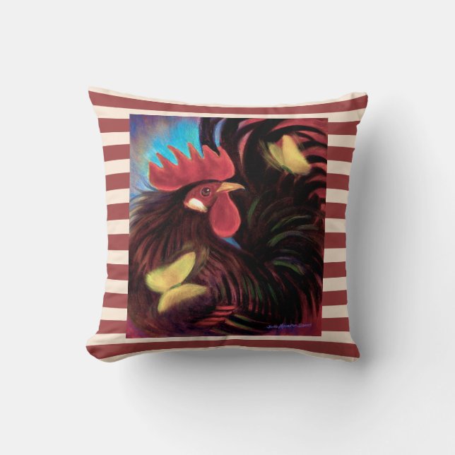Vintage Black Rooster Bantam Farm Painted Cushion (Front)