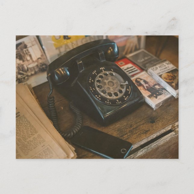Vintage Black Rotary Phone Postcard (Front)
