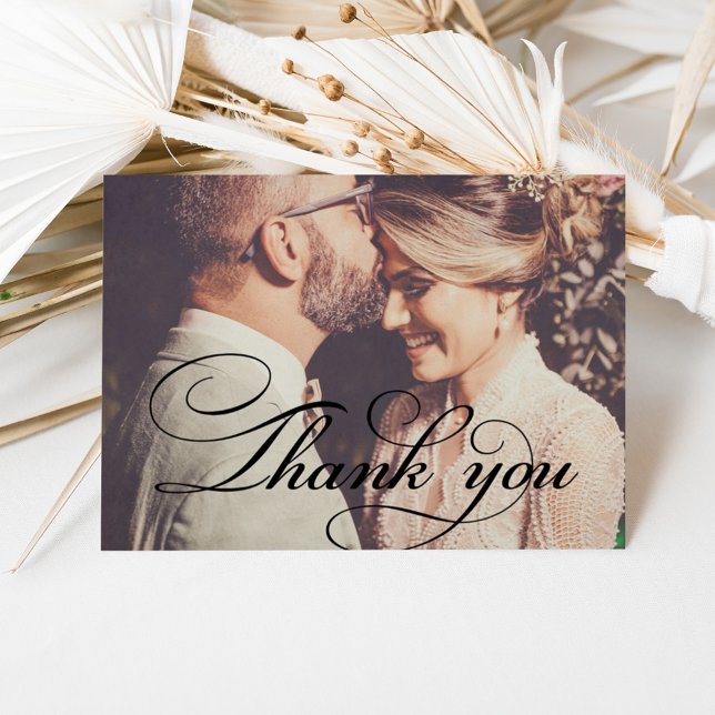 Vintage Black Script Wedding Photo Thank You Card (Creator Uploaded)