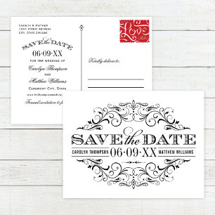 Vintage Black Scrollwork Wedding Save the Date Announcement Postcard
