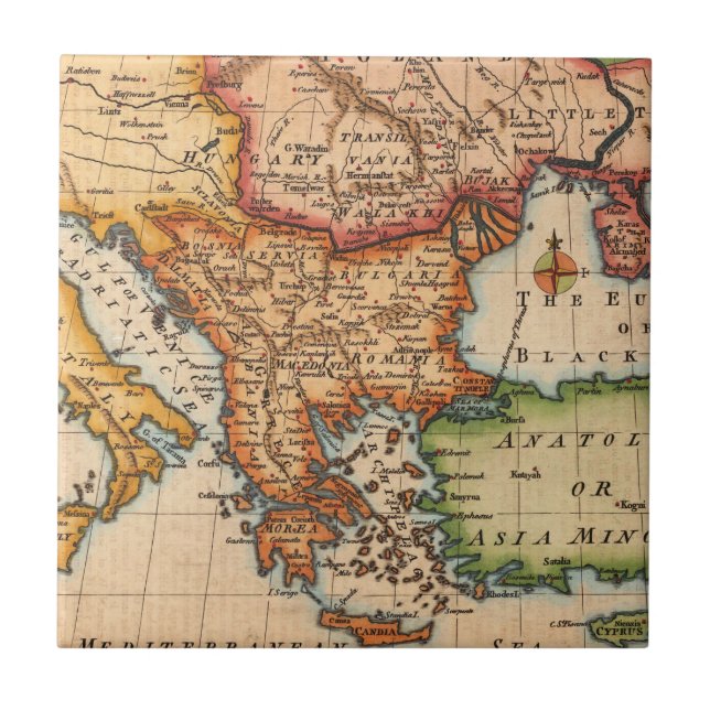 Vintage Black Sea Map with Pastel Engraved Regions Tile (Front)