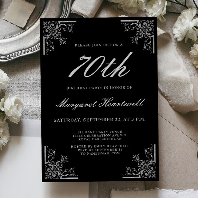 Vintage Black Silver 70th Birthday Invitation (Creator Uploaded)