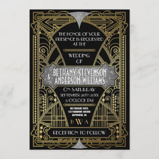 Vintage Black Silver Art Deco Wedding Invitations