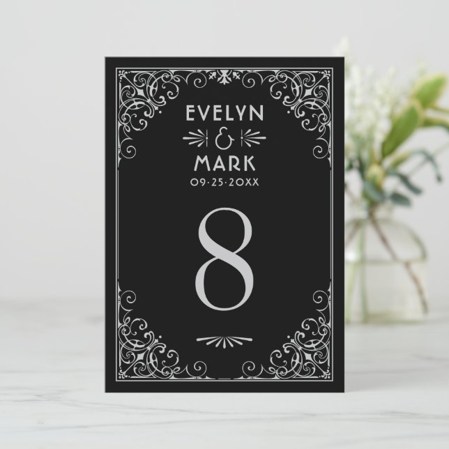 Vintage Black Silver Art Deco Wedding Table Number (Standing Front)