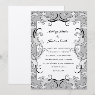 Vintage Black Silver Swirls Wedding Invitation