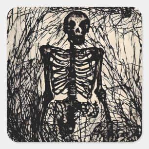 Vintage Black Skeleton Halloween Square Sticker