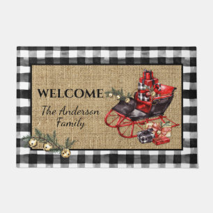 Vintage Black Sleigh Packages Black Check Burlap   Doormat