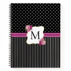Vintage Black Stripe Dots Purple Floral Monogram