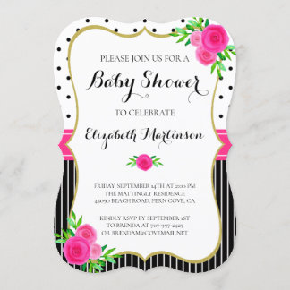 Vintage Black Stripes Dots Pink Floral Baby Shower Invitation