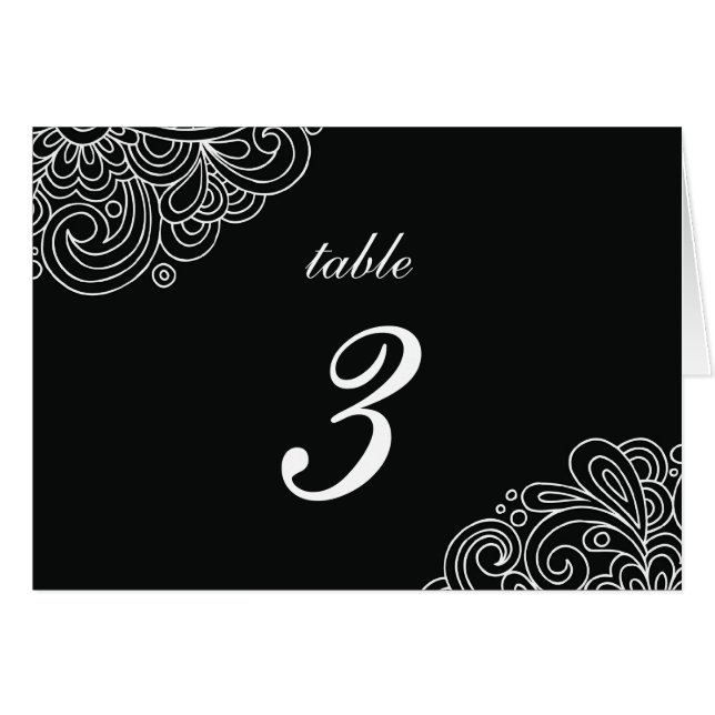 Vintage Black Swirl Damask Wedding Table Number (Front Horizontal)