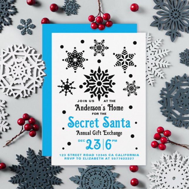 Vintage Black White Blue Christmas Santa Snowflake Invitation (Creator Uploaded)