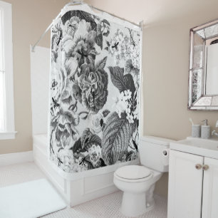 Vintage Black White Botanical & Bugs Floral Toile Shower Curtain