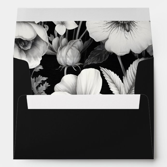 Vintage Black White Botanical Floral Wedding Envelope (Back (Bottom))