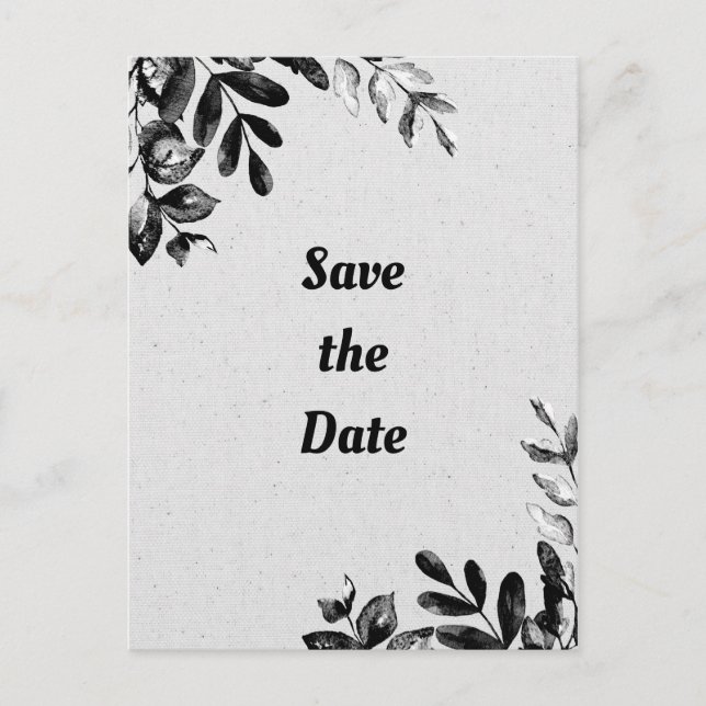 Vintage Black + White Botanical Leaves Wedding Postcard (Front)
