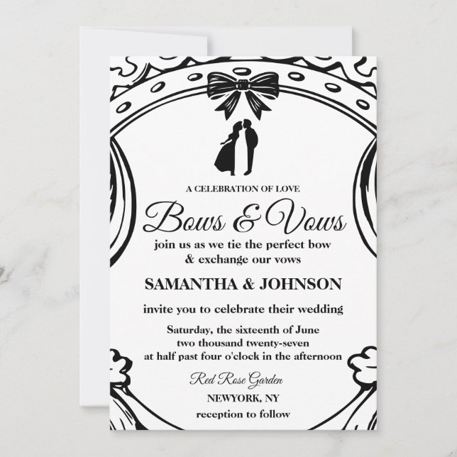 Vintage Black & White Bows Ribbons Wedding Invitation (Front)