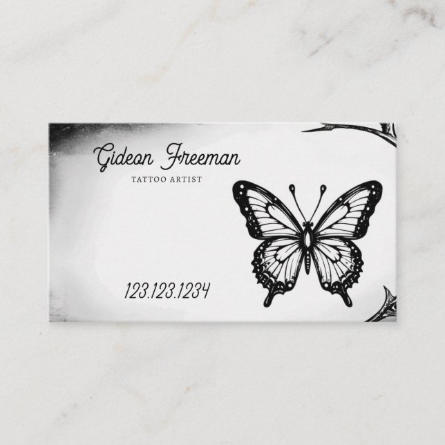 Vintage Black & White Butterfly Tattoo Artist Business Card (Front)