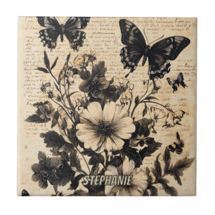 Vintage Black White Butterfly Wildflower Parchment Tile