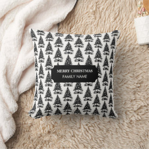 Vintage Black White Christmas Tree Custom Name Cushion