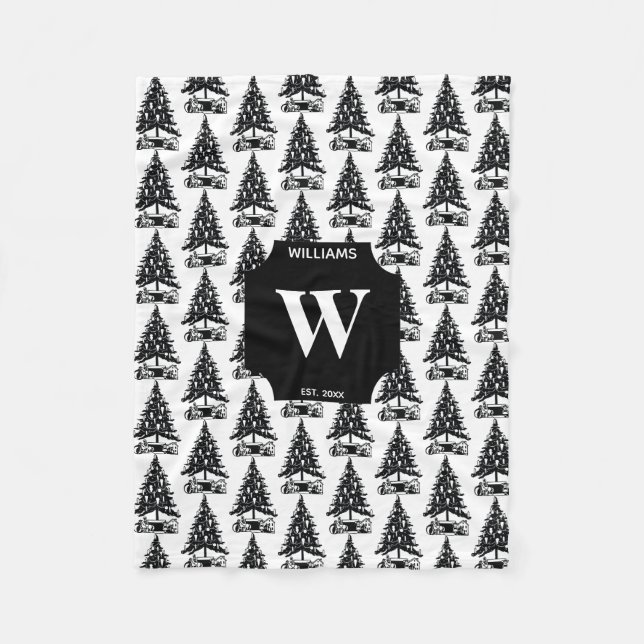 Vintage Black White Christmas Tree Monogrammed Fleece Blanket (Front)