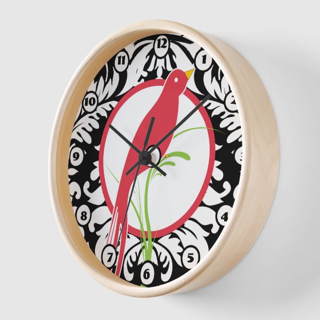 Vintage Black White Damask and Red Bird Clock (Angle)