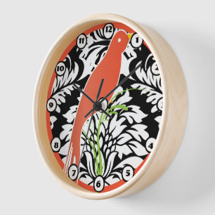 Vintage Black White Damask Tangerine Bird Clock