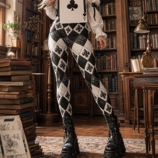 Vintage Black White Diamond Fleur De Lis Harlequin Leggings
