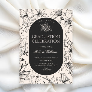 Vintage black white elegant floral graduation invitation