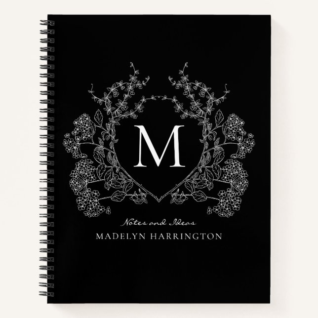 Vintage Black White Floral Crest Monogram Journal (Front)